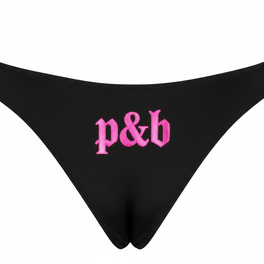 Black G-String with Hot Pink lowercase p&b Old English